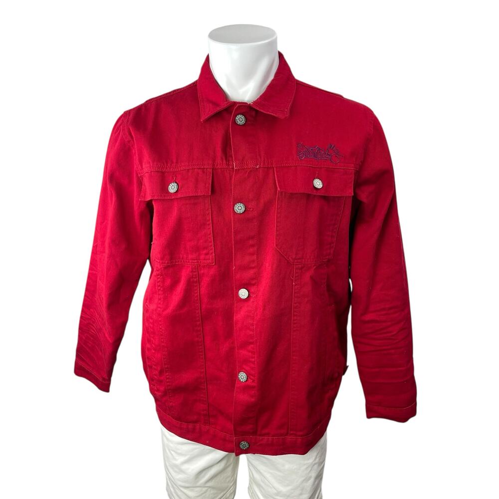 Southpole Men's Red Embroidered Long Sleeve Button Up Shirt Shacket Jacket Sz M